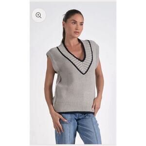 Elan Light Gray Chunky Knit Sweater Vest Black Trim Varsity Relaxed Large